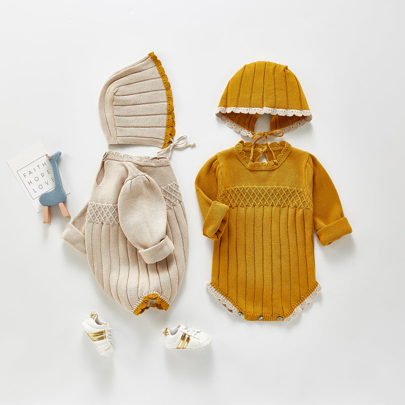 Spring Rompers Bubble Long Sleeve One-Piece Baby Knitted Romper with Hat