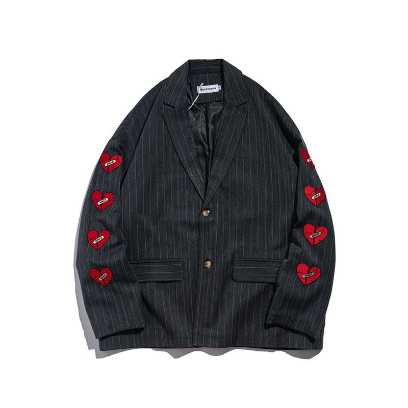 Men's Casual Suit Man Blzer Embroidery Love Vertical Stripes Leisure Suit Men's Loose Lapels Blazer