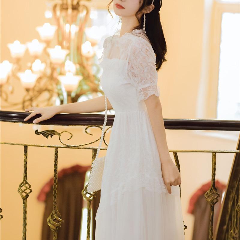Women Cottagecore Dress White Lace Dress Long Skirt Summer