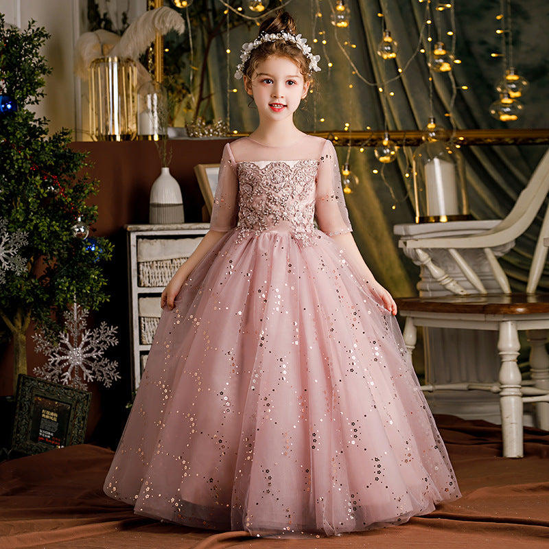 Princess Charlotte Flower Girl Dress Princess Pink  Dress Costume for Piano Performance Host