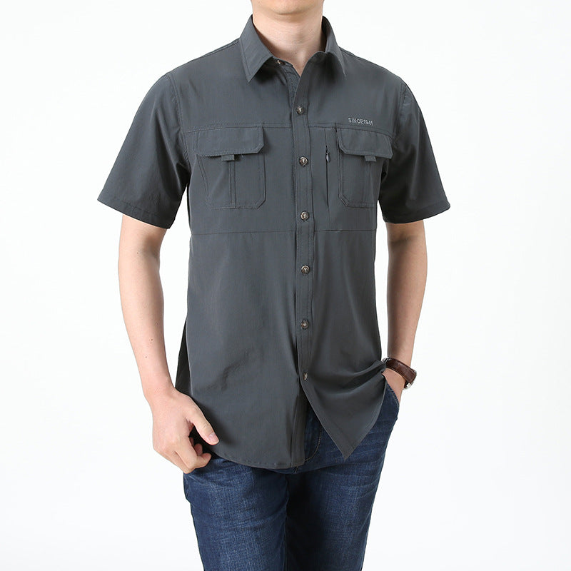 Men's Habit Shirts Spring Men's Solid Color Short Sleeve Slim Lapel Casual Men