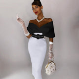 Winter Formal Dresses Spring/Summer V-neck Off-Shoulder Show Waist with Belt Contrast Color Ol Dress