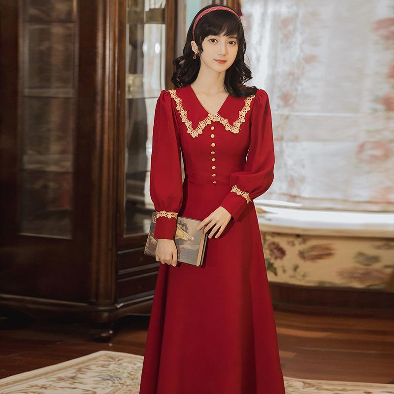 Women Retro Cottagecore Vintage Dress Summer Retro V-neck Long Sleeve Wine Red Corset Slim Mid-Length Evening Dress