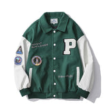 Green Varsity Jacket Autumn Winter Street Woolen Baseball Jacket Men's Loose Lapels Chapter Embroidery Patch