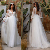 See through Wedding Dress V-Neck Wedding Dress Sexy Backless Sleeve Wedding Dress