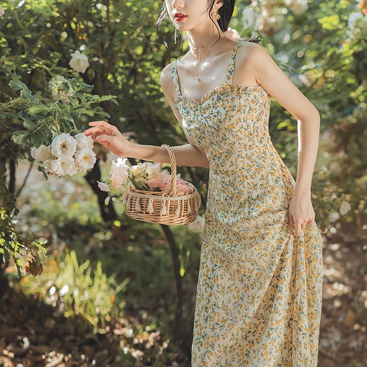 Women cottagecore Dress Vintage Strap Floral Dress Summer Dress