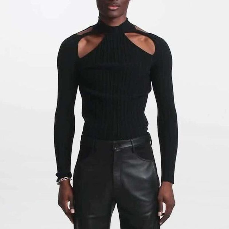 Men Rave T Shirt Sexy Black Long Sleeve T-shirt Fashion Solid Color Top