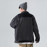 Denim Varsity Jacket Black Striped Denim Jacket Men's Retro Easy Matching Workwear Jacket Top