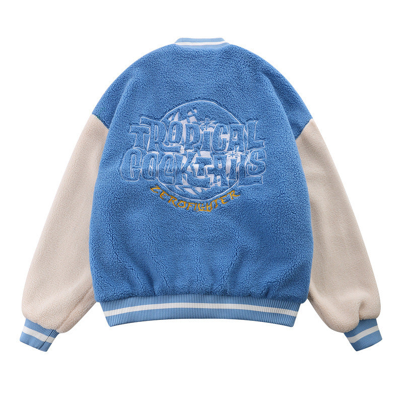 Mens Fall Outfits Vintage Embroidery Lambswool Baseball Uniform Jacket Loose Boyfriend Couple Casual Jacket