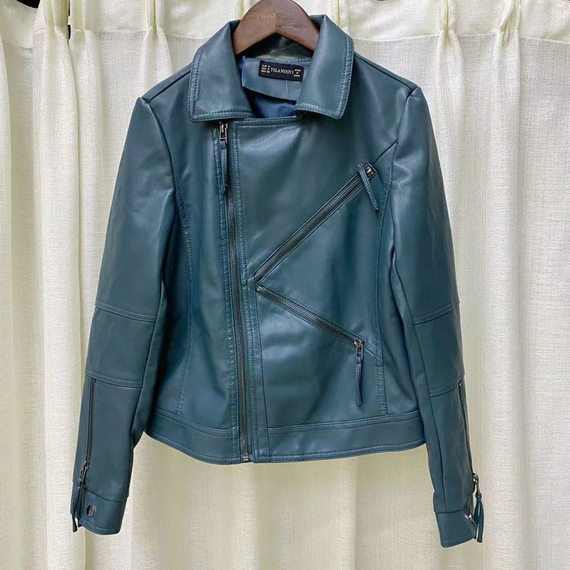 Women PU Leather Jacket Biker Motorcycle Coat Spring and Autumn Loose Motorcycle Polo Collar Top