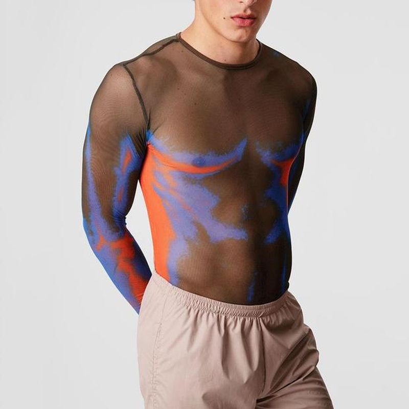 Rave Outfits Mens Long Sleeve Shirt Men's See-through Bottoming Shirt Fashion