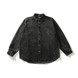 Men Denim Coat Jean Jackets Cross Jacquard Embroidered Denim Shirt Long Sleeve Men Loose Lapels Denim Jacket