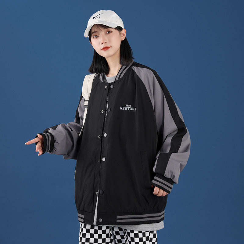 Black Varsity Jacket Stitching Autumn Men and Women Couple Flight Suit Embroidered Stand Collar Loose Baseball Uniform Jacket Coat