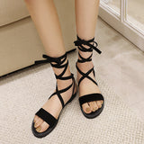 Flat Dress Sandals Summer Flat Solid Color Cross Lace-up Cutout Casual Sandals for Women