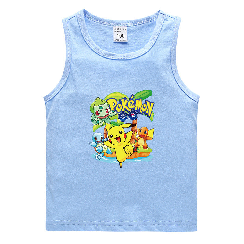 Children Pokemon Pikachu T Shirt Cotton Leisure Sweat-Absorbent Solid Color Vest