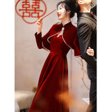 Burgundy Dresses For Wedding Winter Thick Style Red Velvet Long Sleeves Engagement Wedding Dress For Women