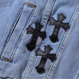 Men Denim Coat Jean Jackets Cross Patch Washed Denim Jacket Men Loose Lapels Jacket Denim Coat