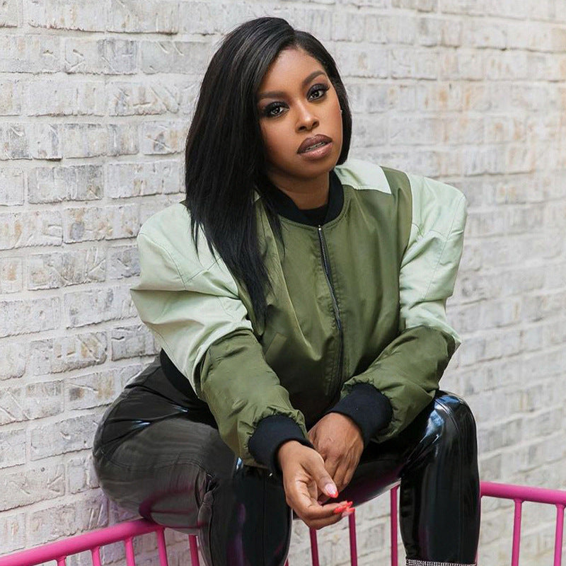 Green Cropped Varsity Jacket Colorblock Baseball Uniform Zip Jacket