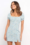 Milkmaid Dresses Summer Fresh Floral Square Collar High Waist Puff Sleeve Slim Split One-Step Dress