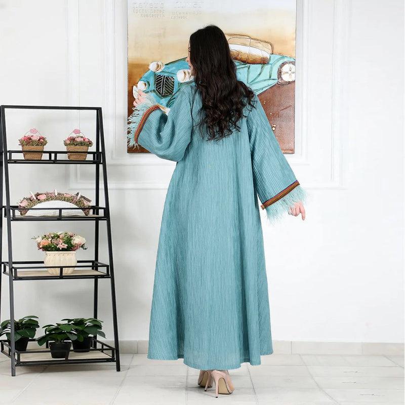 Nina Parker Black Dress Ribbon Feather Pleated Dress Muslim Robe