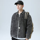 Denim Varsity Jacket Autumn and Winter Bear Patterned Denim Jacket Men's Retro Outerwear Couple Jacket