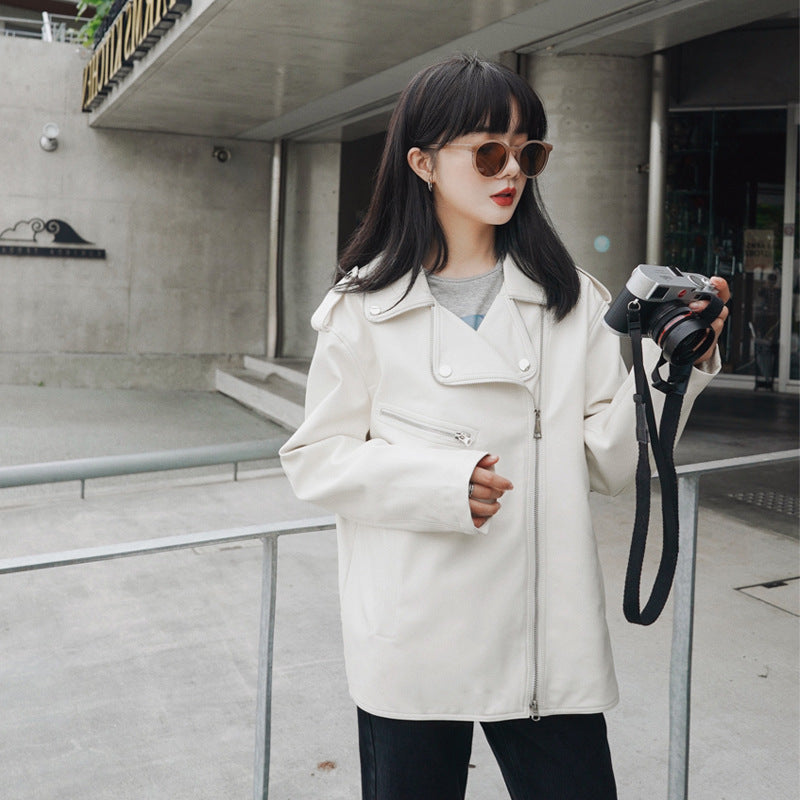 Cute Leather Jacket Women's White Slim Fit Spring and Autumn Fashion Pu Slimming Jacket Coat
