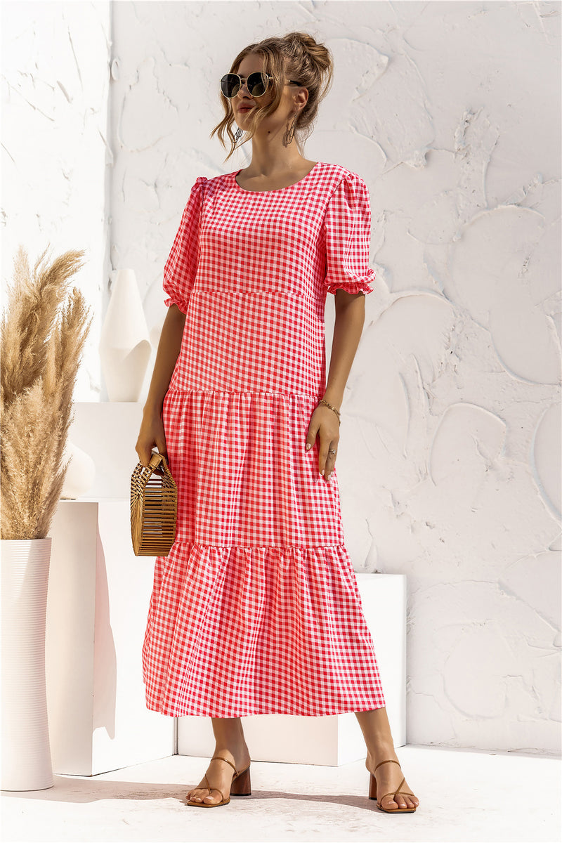 Gingham Dress Spring/Summer Puff Sleeve Polka Dot Plaid Loose Stitching Dress Long Dress