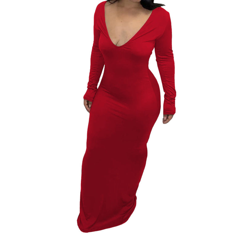 Winter Formal Dresses V-neck Sexy Long Dress Solid Color Bottoming Long Sleeve Autumn and Winter