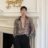 Rave Outfits Men Long Sleeve Shirt Casual Sexy See-through Shirt Summer Lace Shirt