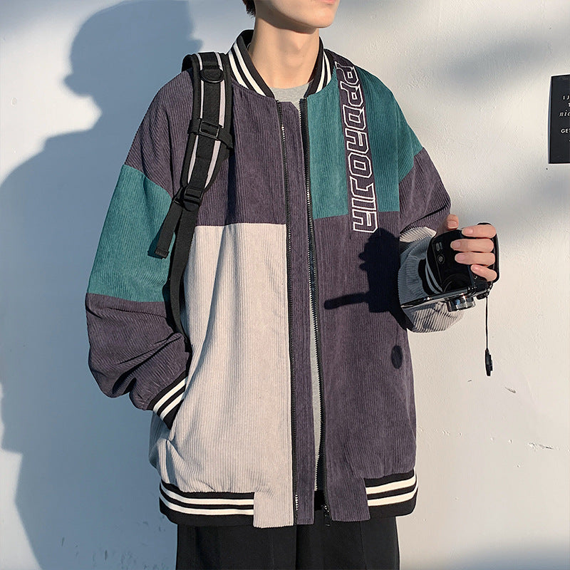 Corduroy Varsity Jacket Corduroy Jacket Men's Spring and Autumn Color Contrast Patchwork Baseball Uniform Casual Loose Embroidered Jacket