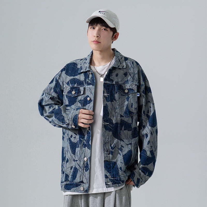 Denim Varsity Jacket Autumn Full Printed Panda Jacquard Denim Jacket Men Loose Street Student Jacket