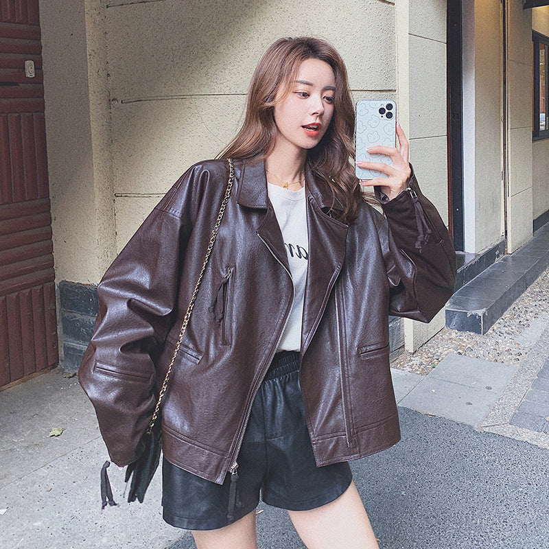 Cute Leather Jacketpu Leather Coat Women's Spring and Autumn French Loose Motorcycle Jacket Versatile Zipper Top