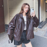 Cute Leather Jacketpu Leather Coat Women's Spring and Autumn French Loose Motorcycle Jacket Versatile Zipper Top