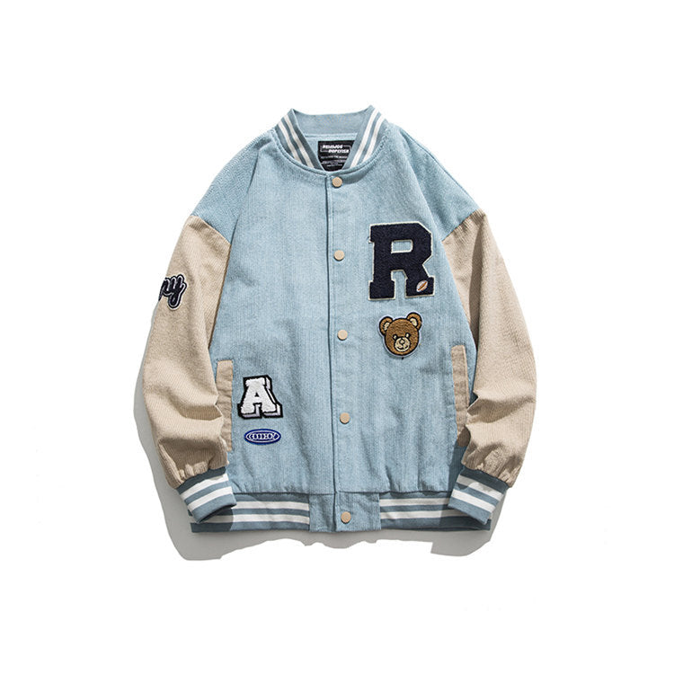 Baby Blue Varsity Jacket Men's Autumn Coat Loose Fashion Baseball Collar Jacket