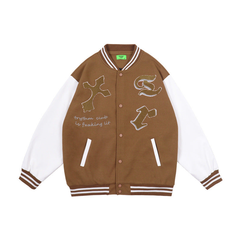 Brown Varsity Jacket Baseball Uniform Men's and Women's Autumn Retro Color Contrast Patchwork Jacket Jacket