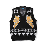 Men Sweater Vest Cartoon Embroidered Knitwear Vest Loose V-neck Sleeveless Sweater BF Idle Style Vest