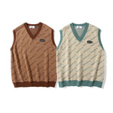 Men Sweater Vest Letter Jacquard Color Matching Sweater Vest Men's BF Idle Style Loose V-neck Sleeveless Sweater Pullover
