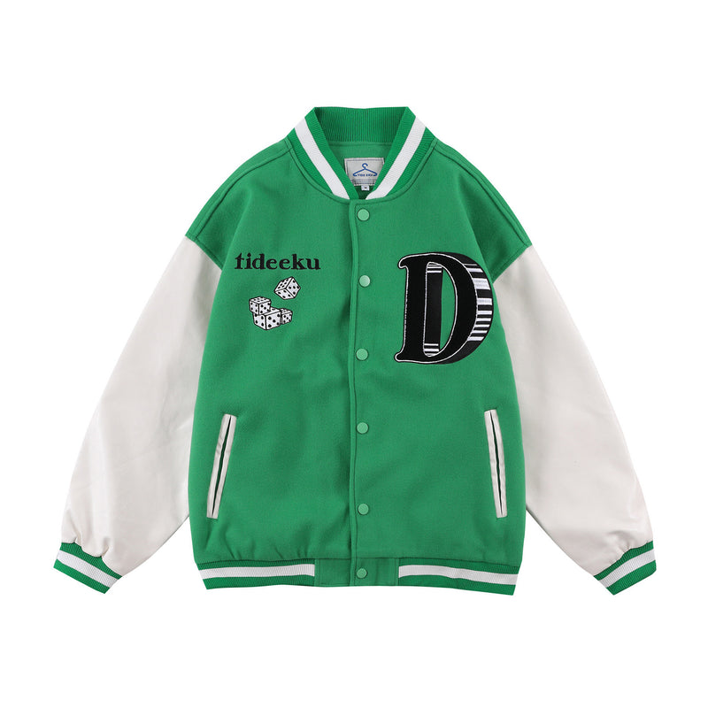 Green Varsity Jacket Street Retro Playing Cards Hip Hop Embroidered Baseball Uniform Men's Thickened Baseball Jacket Jacket