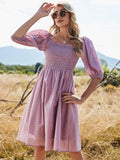 Milkmaid Purple High Waist Short Sleeve Solid Color Sling Summer Dresses