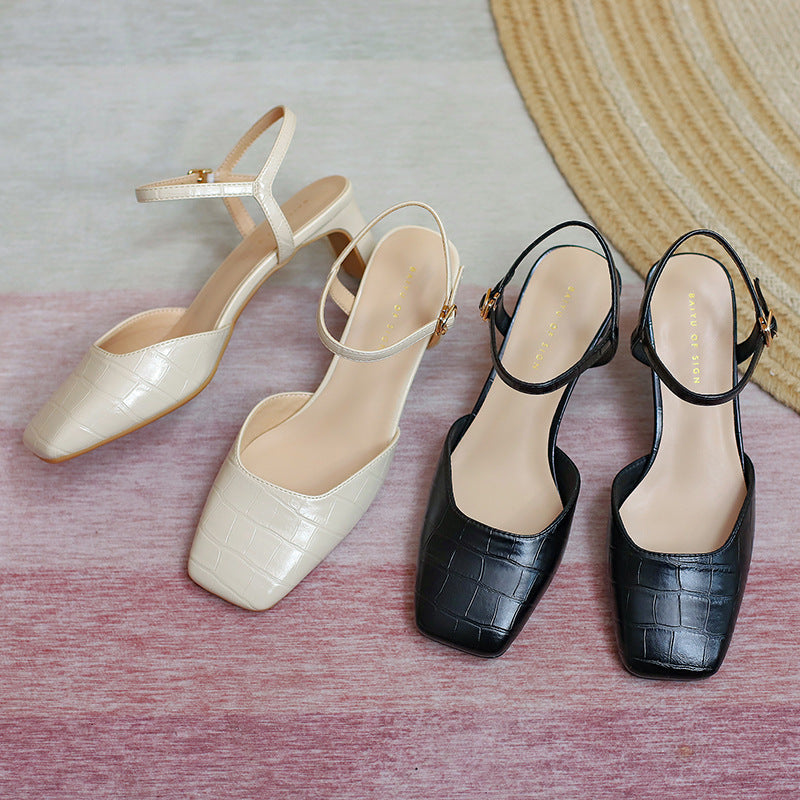 Nude Block Heels Closed Toe Spring Chunky Heels Casual Fashionable Shoes