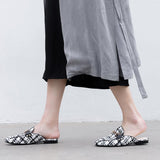 Finn Chain Pointed Toe Mule Summer Checked Cloth Closed Toe Half Slippers Women's Flat Metal Buckle Sandals
