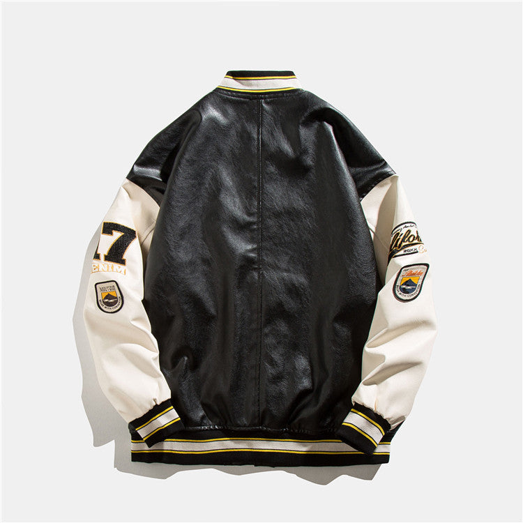 Green Varsity Jacket Autumn Baseball Uniform Men's Stitching PU Leather Flight Jacket Top