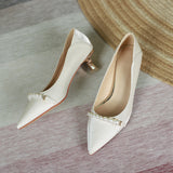 Nude Block Heels Closed Toe Women's Spring Satin High Heels