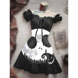 Skull Dress Digital Printing Drawstring Short Sleeve Dress Autumn