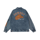 Men Denim Coat Jean Jackets Paste Cloth Embroidery Washed Do the Old Cowboy Coat Men's Loose Lapels Denim Jacket