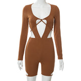 Solid Color Drawstring Strap Low-Cut Long Sleeve Midriff Outfit One-Piece Shorts