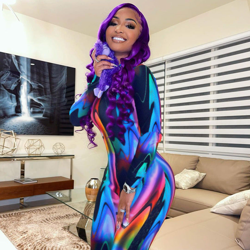 Autumn Color Tie-Dyed round Neck Long Sleeve Sexy Trousers Jumpsuit