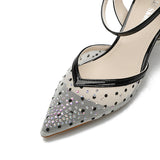 Nude Block Heels Closed Toe Rhinestone Sandals Stiletto Women's Shoes