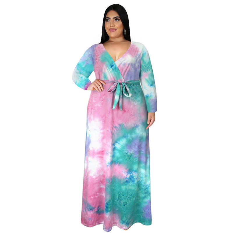 Nina Parker plus Size Dresses Sexy V-neck Split Tie-Dye Dress