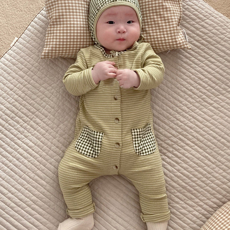 Spring Rompers Baby Striped Base Rompers Pajamas Cap